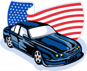 blue Ford with American flag