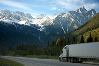 semi truck driving on the road with mountains in the background