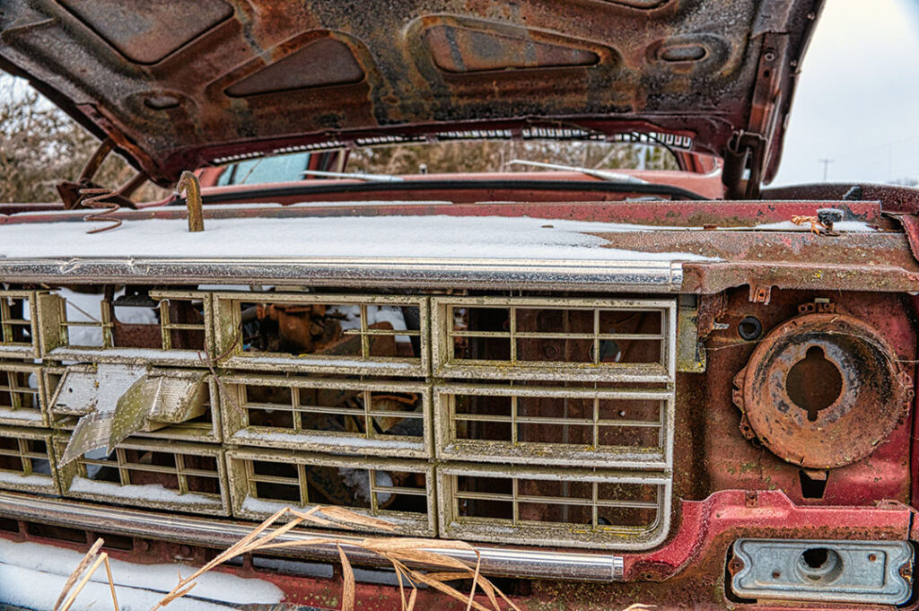 abandoned truck with signs of oxidation and chemical reactions